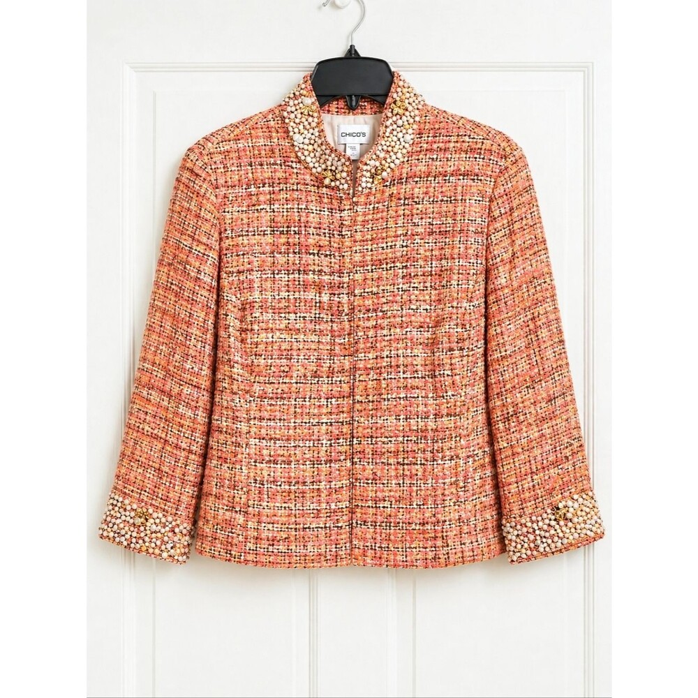 Chico's Timeless Multi-Tone Tweed Faux Pearls Orange Pink Woven Blazer Jacket